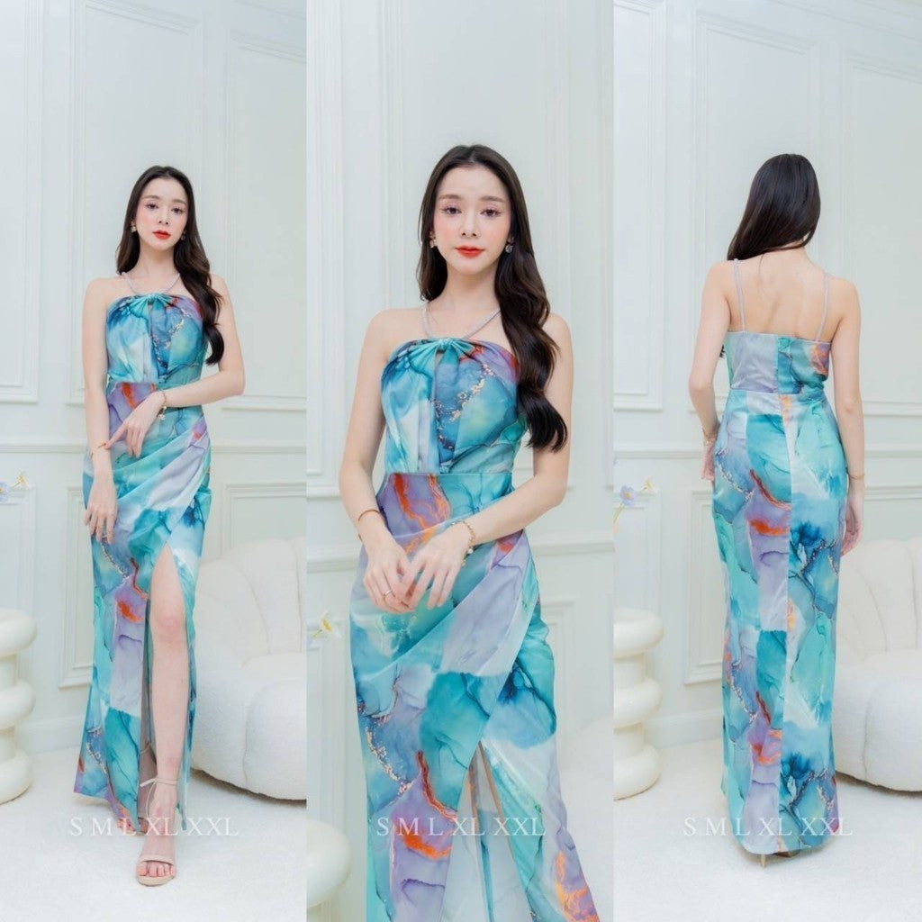 ชุดเดรสออกงาน ชุดราตรี เดรส Dress เดรสยาว ชุดไปงานแต่ง ผ้าเครปซาติน พิมพ์ลาย สายเพชร รวบกลางคอ Woman Dress Dresses