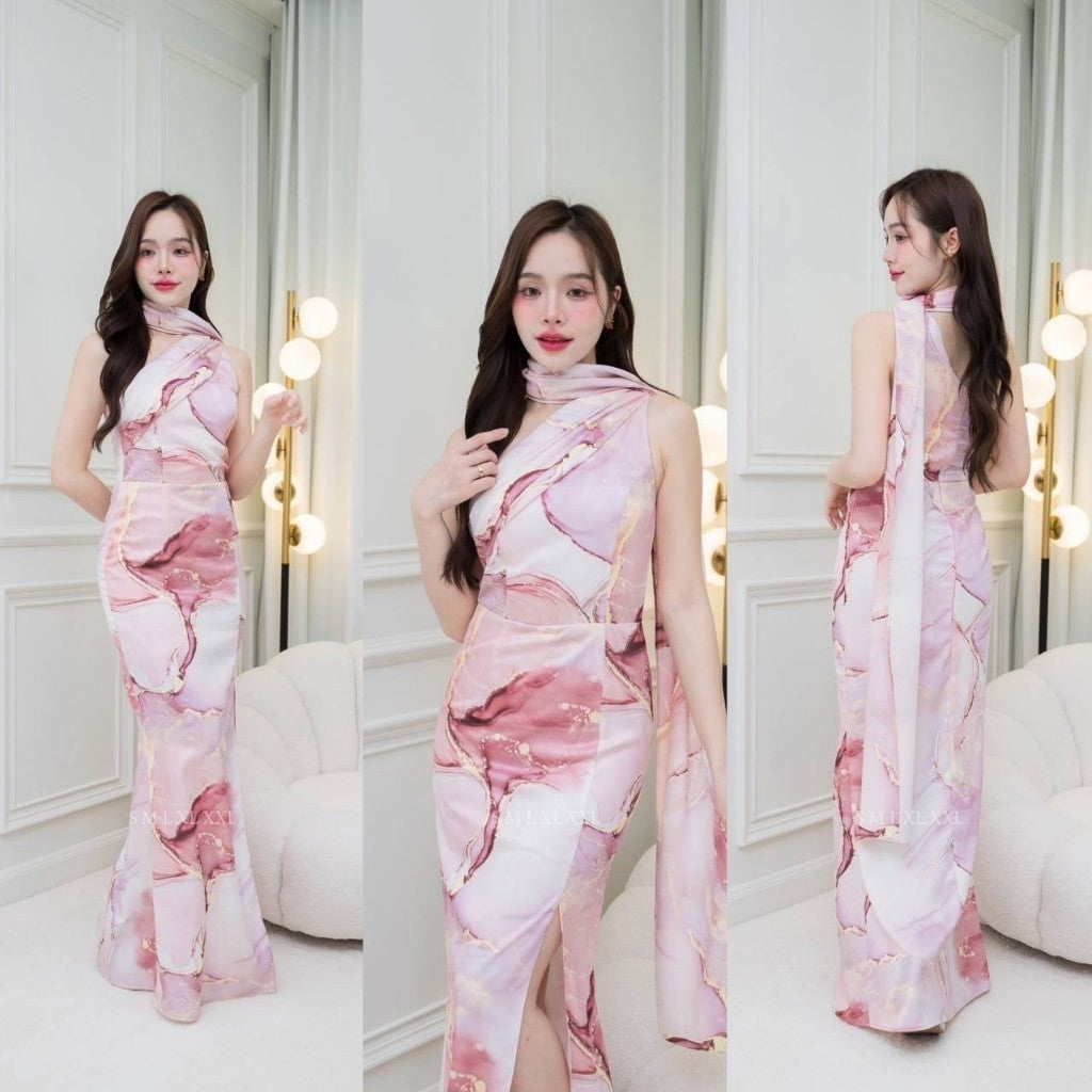 ชุดเดรสออกงาน ชุดราตรี เดรส Dress ชุดราตรี ชุดออกงาน ผ้าเครปซาติน พิมพ์ลาย ไหล่เบี่ยง สไบใหญ่ Woman Dress Dresses
