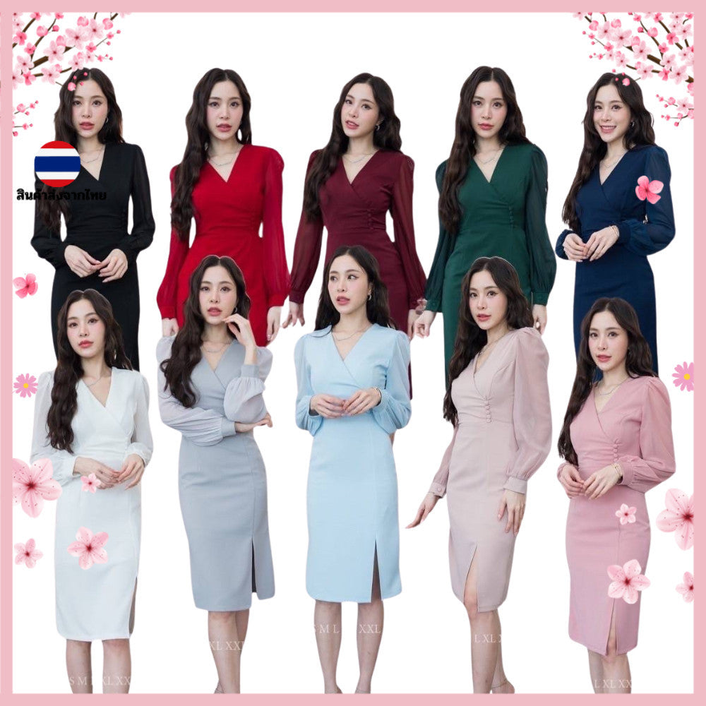 ชุดเดรสออกงาน ชุดราตรี เดรส Dress เดรสสั้น แขนยาว ชุดออกงาน งานแต่งงาน งานกลางวัน งานกลางคืน Dresses Woman