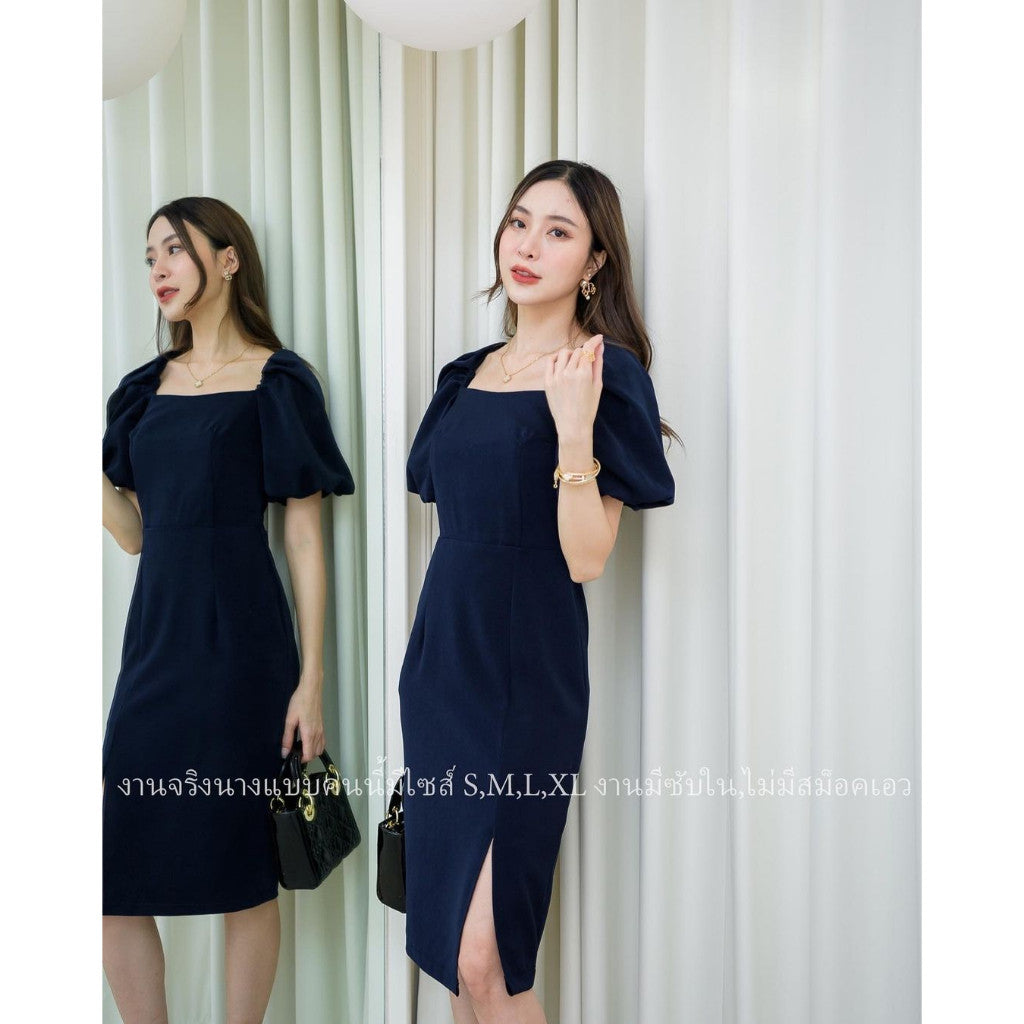ชุดเดรสออกงาน ชุดราตรี เดรส Dress ผ้าฮานาโกะ แขนพอง น่ารัก เรียบร้อย มีซิปหลัง ซับใน งาน ช่วงเย็น เสื้อคอเว้า