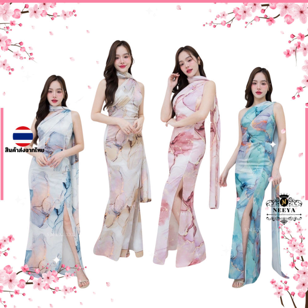 ชุดเดรสออกงาน ชุดราตรี เดรส Dress ชุดราตรี ชุดออกงาน ผ้าเครปซาติน พิมพ์ลาย ไหล่เบี่ยง สไบใหญ่ Woman Dress Dresses