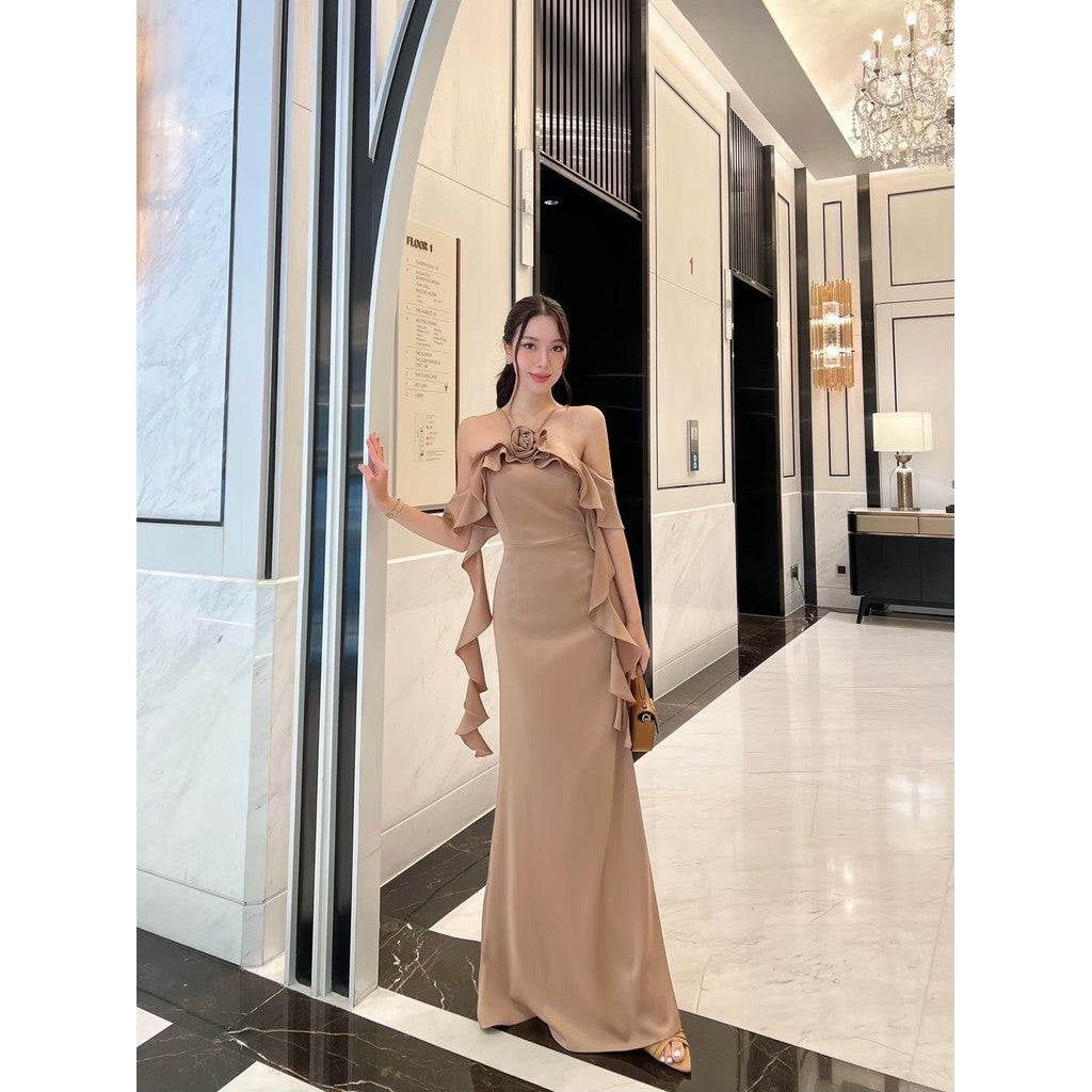 เดรสยาว ชุดราตรียาว เดรสออกงาน FIORA ผ้าเครป ซาติน สายเดี่ยว มีดอกไม้ สายเกลียว ผู้หญิง Woman Dress