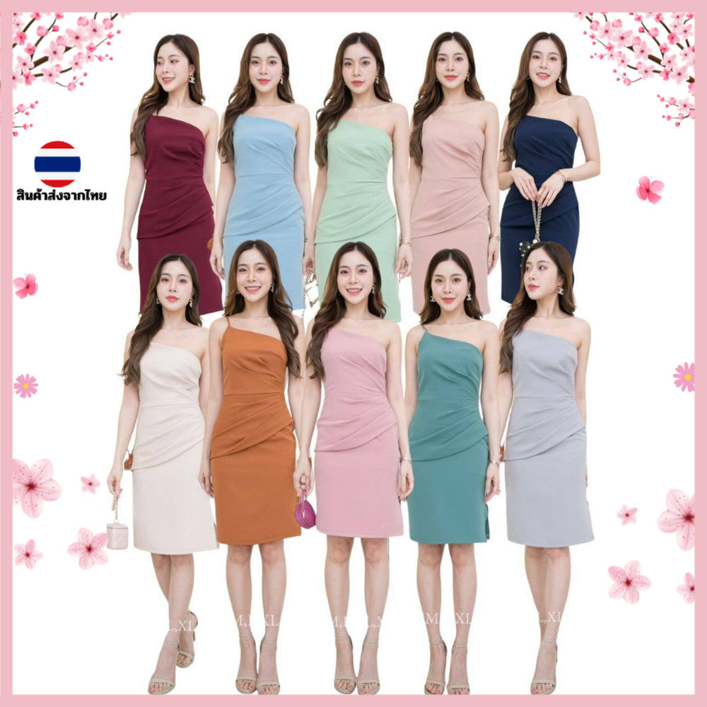 ชุดเดรสออกงาน ชุดราตรี เดรส Dress ชุดออกงาน เดรสสั้น ปาดข้าง สายเดี่ยว งานแต่งงาน ผู้หญิง ซิปหลัง ซับใน เดรสน่ารักๆ
