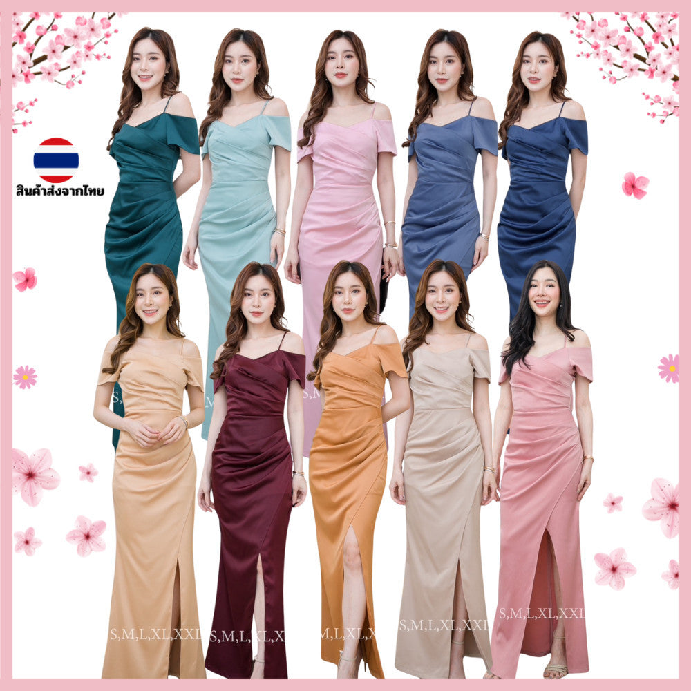 ชุดเดรสออกงาน ชุดราตรี เดรส Dress เดรสยาว มีแขน ผ้าเครปซาติน สวยหรู สง่างาม สายเดี่ยว โชว์ไหล่ รุ่นขายดี
