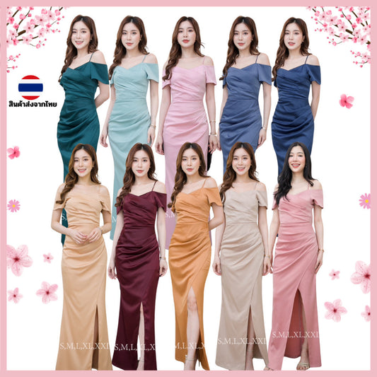 ชุดเดรสออกงาน ชุดราตรี เดรส Dress เดรสยาว มีแขน ผ้าเครปซาติน สวยหรู สง่างาม สายเดี่ยว โชว์ไหล่ รุ่นขายดี