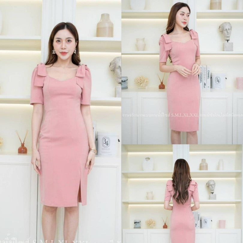 ชุดเดรสออกงาน ชุดราตรี เดรส Dress ชุดออกงาน เดรสสั้นแขนสั้น สีชมพู สีแดง สีฟ้า โบว์ งานแต่งงาน งานกลางวัน งานกลางคืน