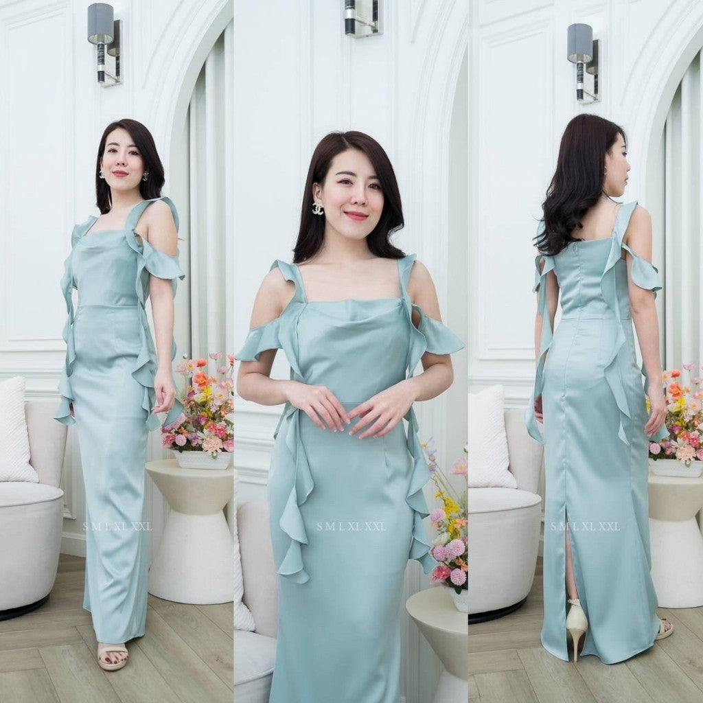 เดรสยาว ชุดเดรส ชุดราตรี NP033 เกรดพรีเมี่ยม แต่งระบาย สายเกลียว 4 เส้น คอถ่วง Woman Dress ผู้หญิง