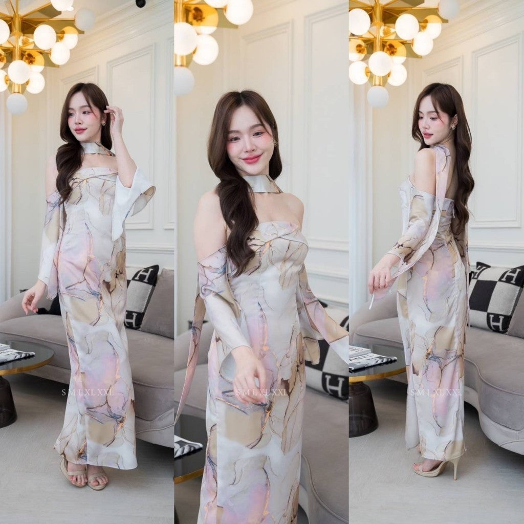 ชุดเดรสออกงาน ชุดราตรี เดรส Dress ชุดราตรี เดรสยาว ผ้าเครปซาติน พิมพ์ลาย เกาะอกยาว แขนย้อย งานแต่งงาน Woman Dresses