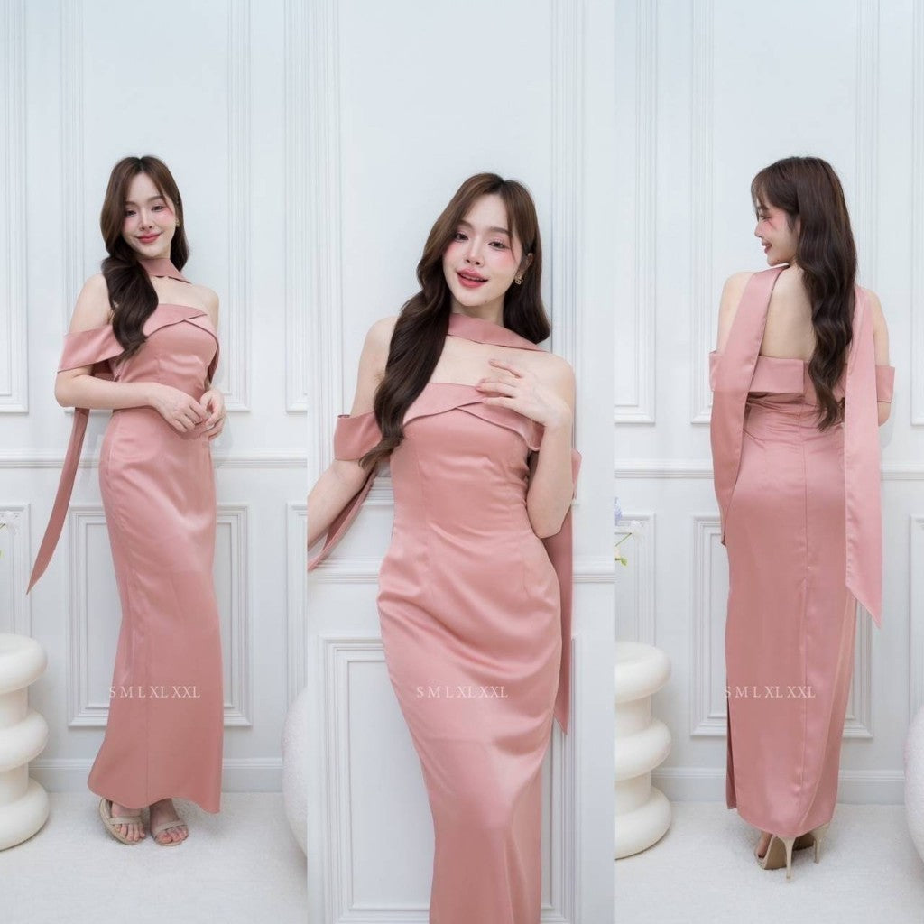 ชุดเดรสออกงาน ชุดราตรี เดรส Dress Gleam ผ้าเครป ซาติน ชุดไปงานแต่ง เปิดไหล่ สายอ้อมแขน แถมสาย Woman