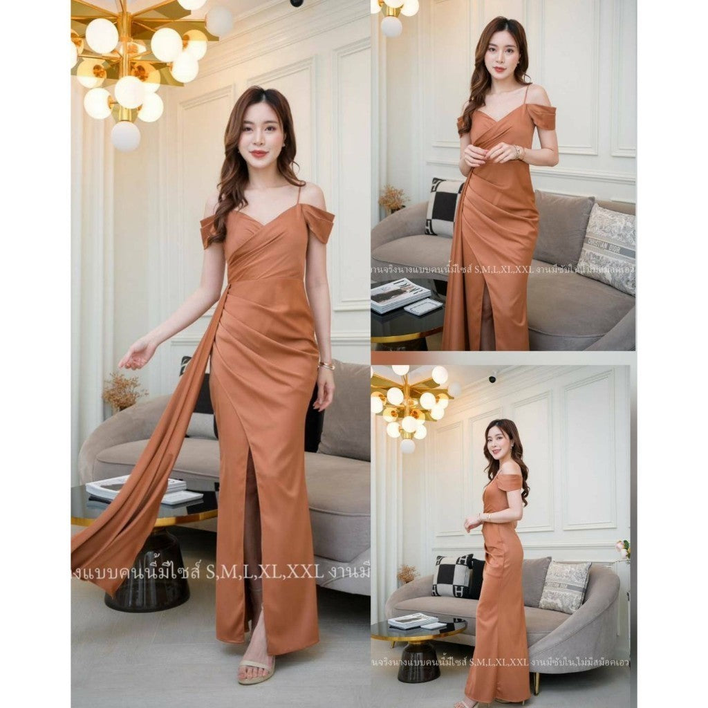 ชุดเดรสออกงาน ชุดราตรี เดรส Dress ชุดออกงาน ชุดเพื่อนเจ้าสาว เดรสยาว สายเดี่ยว อ้อมแขน ผ้าห้อย Woman