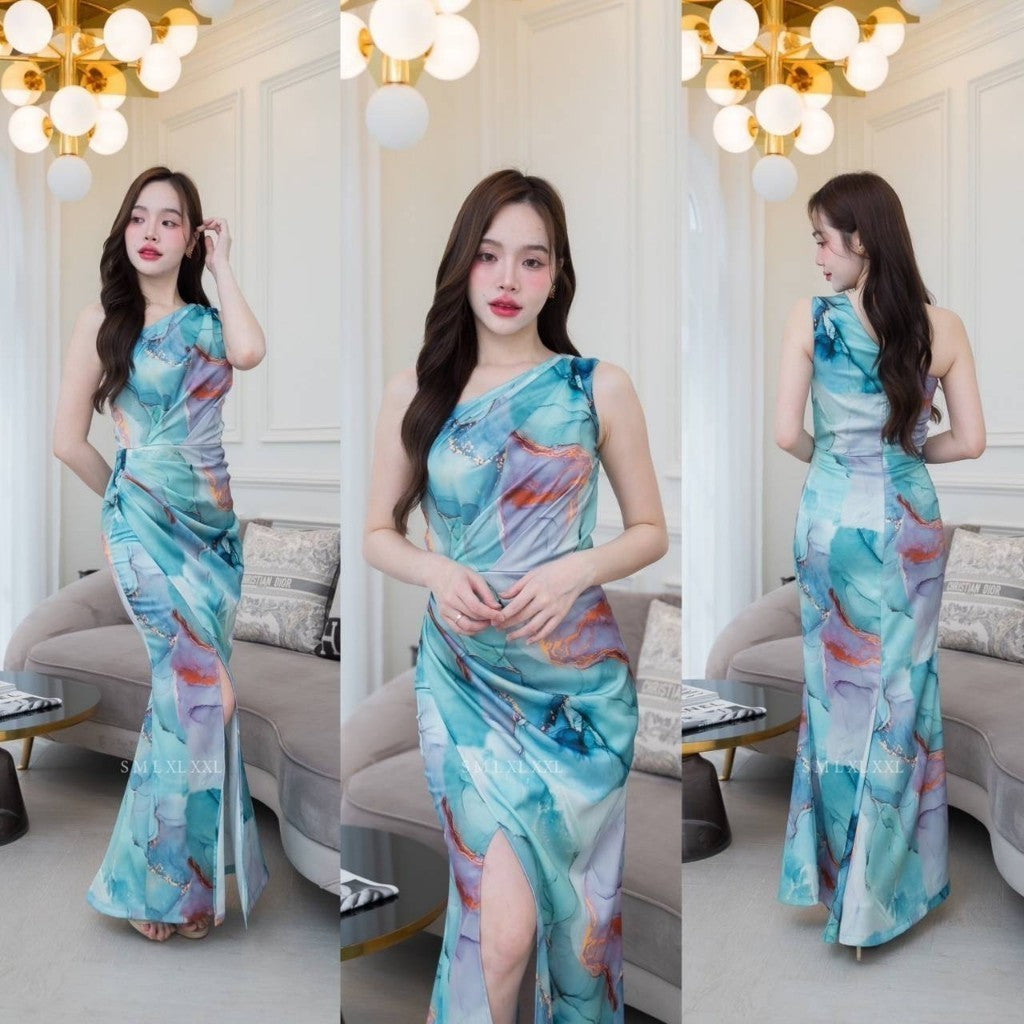 ชุดเดรสออกงาน ชุดราตรี เดรส Dress ชุดออกงาน ผ้าเครปซาติน พิมพ์ลาย ไหล่เบี่ยง จีบเอว ชุดราตรี Woman Dresses