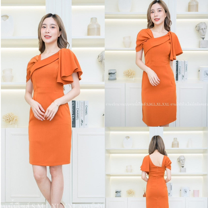 ชุดเดรสออกงาน ชุดราตรี เดรส Dress ผ้าฮานาโกะ ดีไซน์ใหม่ น่ารัก เก๋ตรงอกและไหล่ ชุดออกงาน มีหลายสี ซับใน ซิปหลัง