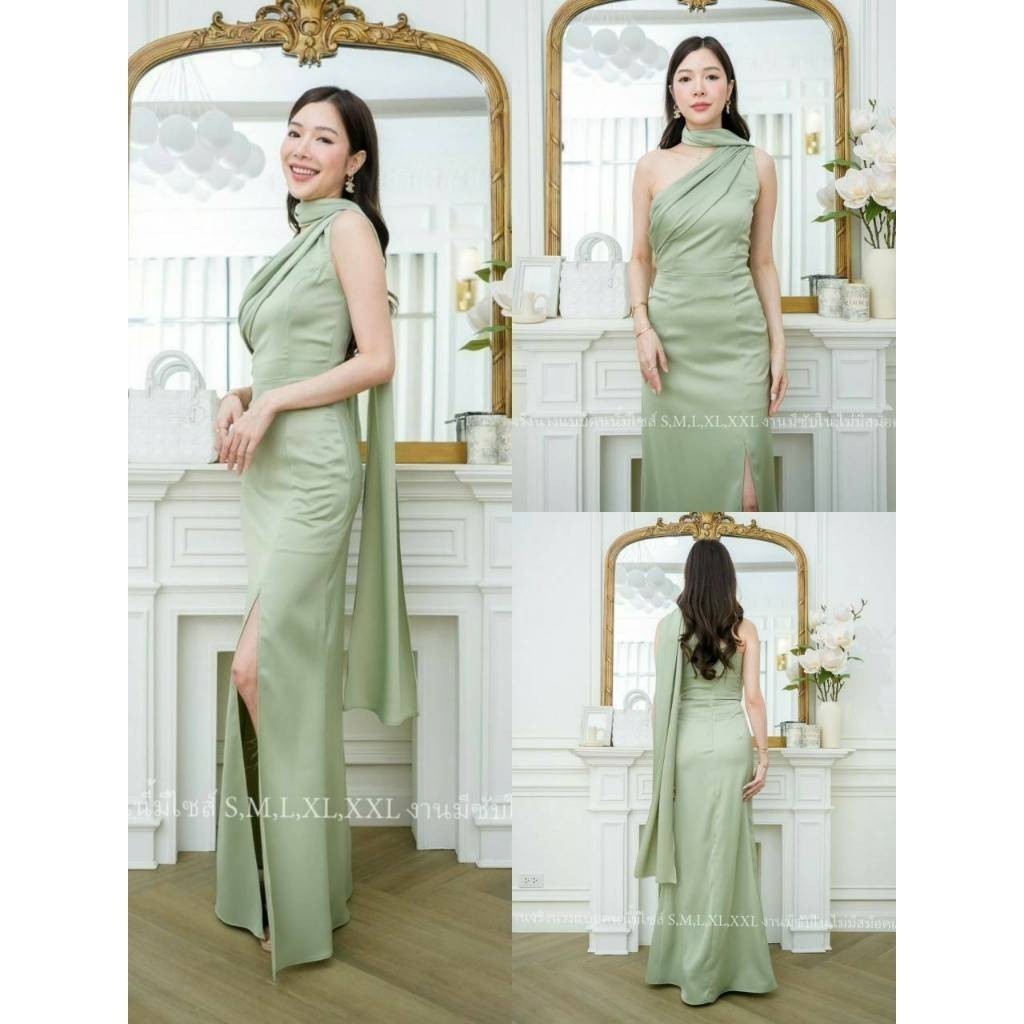ชุดเดรสออกงาน ชุดราตรี เดรส Dress เดรสยาว ผ้าซาติน เรียบหรู สไบพันคอ ปล่อยได้ งานแต่งงาน ผู้หญิง มีซิปหลัง ซับใน