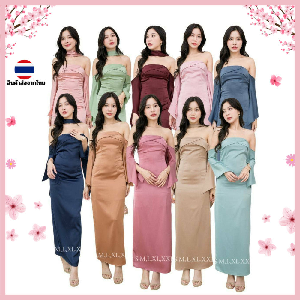 ชุดเดรสออกงาน ชุดราตรี เดรส Dress ผ้าเครปซาติน สวยหรู ไซส์ S-2XL เกาะอก แขนยาว เดรสยาว Woman Wedding Dresses