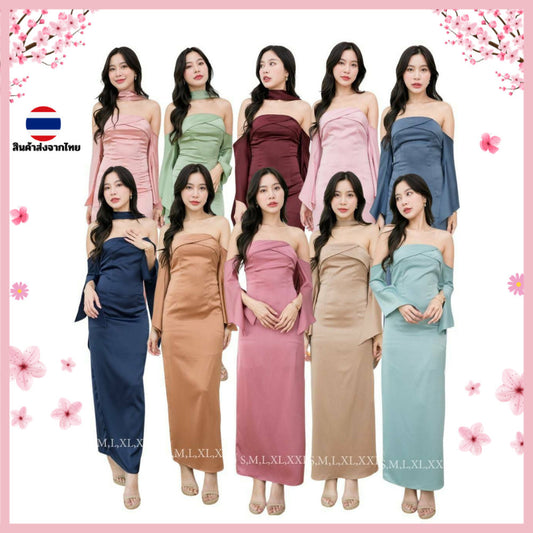 ชุดเดรสออกงาน ชุดราตรี เดรส Dress ผ้าเครปซาติน สวยหรู ไซส์ S-2XL เกาะอก แขนยาว เดรสยาว Woman Wedding Dresses