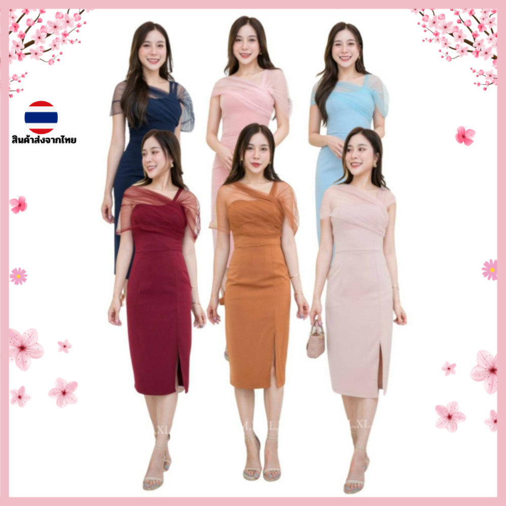 ชุดเดรสออกงาน ชุดราตรี เดรส Dress เดรสสั้น ผ้ามุ้งคลุมไหล่ สวยสง่า พร้อมส่ง S M L XL 2XL งานหมั้น งานแต่งงาน