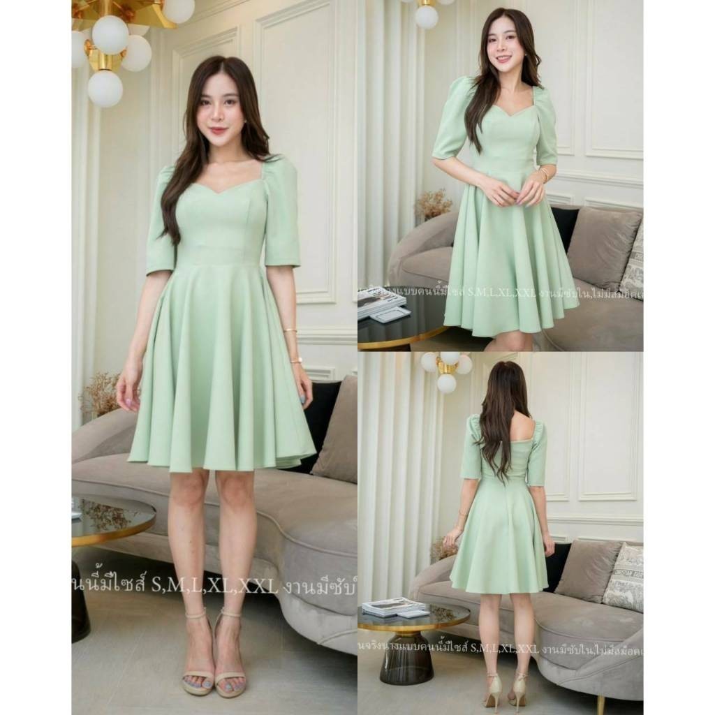 ชุดเดรสออกงาน ชุดราตรี เดรส Dress เดรสสั้น แขนตุ๊กตา กระโปรงพริ้ว พร้อมส่ง S-2XL เดรสสั้นน่ารักๆ เดรสสาวอวบ