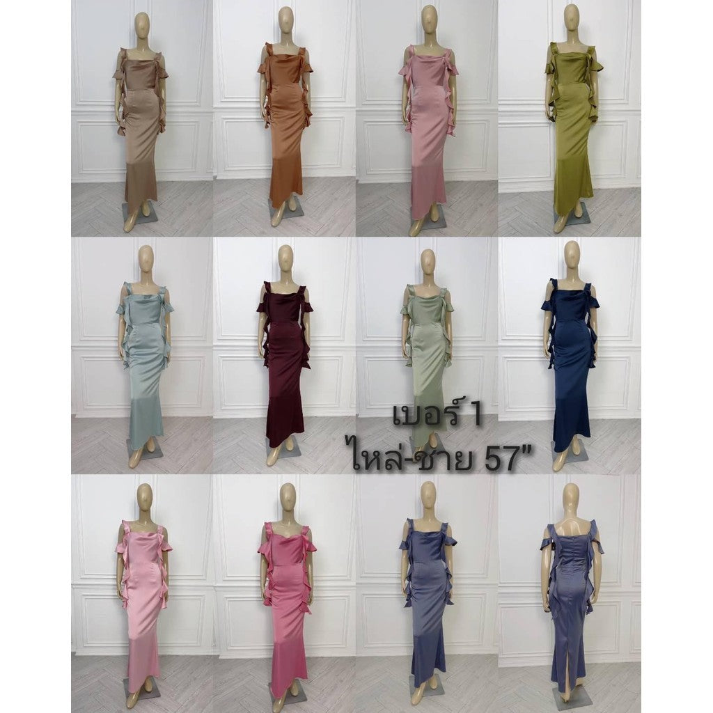 เดรสยาว ชุดเดรส ชุดราตรี NP033 เกรดพรีเมี่ยม แต่งระบาย สายเกลียว 4 เส้น คอถ่วง Woman Dress ผู้หญิง