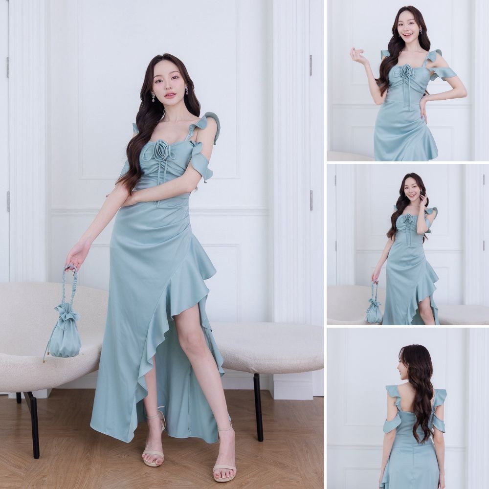 เดรสยาว ชุดออกงาน VINA DRESS พรีเมี่ยม เครปซาติน สายเกลียวหรู แถม ดอกไม้ ชุดราตรีเรียบหรู พร้อมส่ง