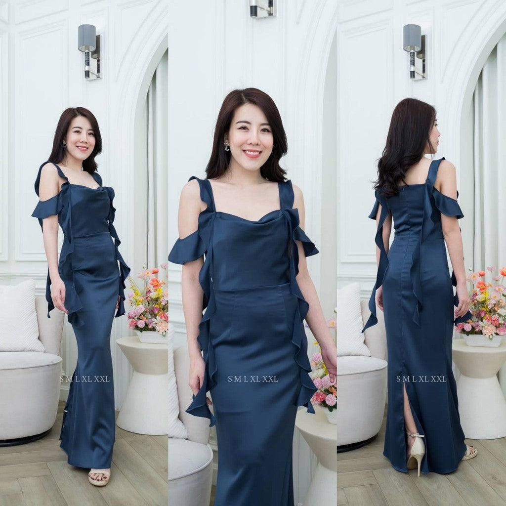 เดรสยาว ชุดเดรส ชุดราตรี NP033 เกรดพรีเมี่ยม แต่งระบาย สายเกลียว 4 เส้น คอถ่วง Woman Dress ผู้หญิง