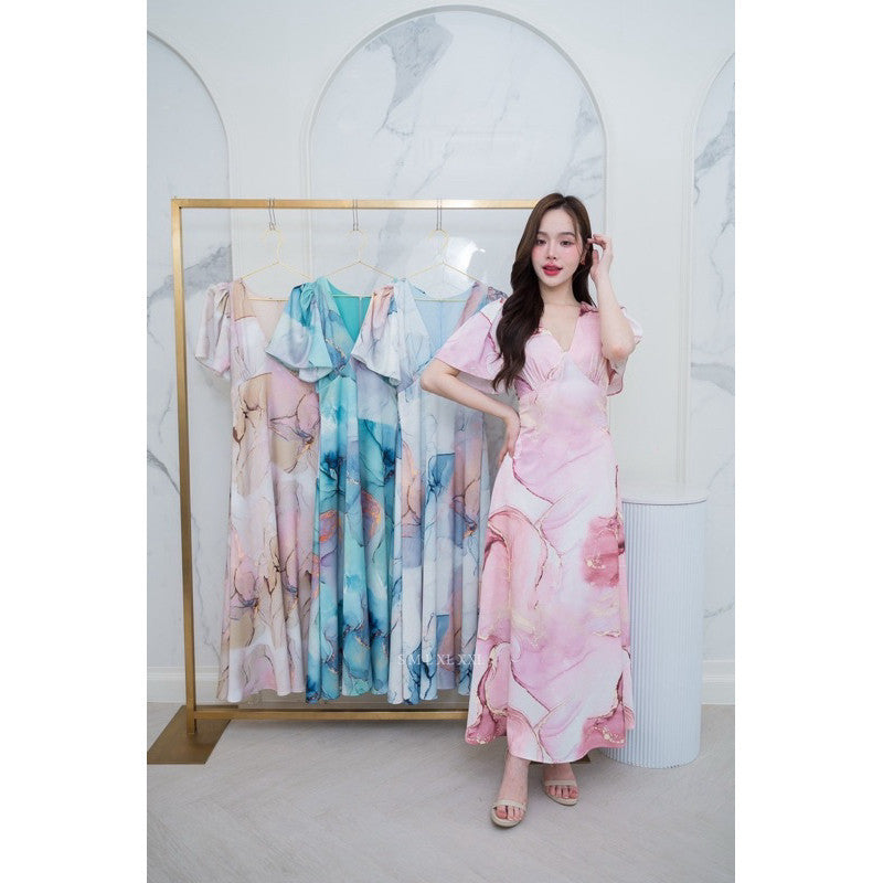 ชุดเดรสออกงาน ชุดราตรี เดรส Dress ชุดเดรส ชุดออกงาน ชุดราตรี คอวี กระโปรงบาน ผ้าพิมพ์ลาย ผู้หญิง Dress Dresses