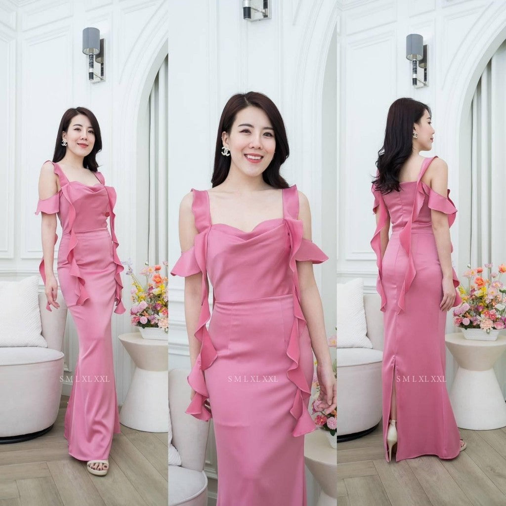 เดรสยาว ชุดเดรส ชุดราตรี NP033 เกรดพรีเมี่ยม แต่งระบาย สายเกลียว 4 เส้น คอถ่วง Woman Dress ผู้หญิง