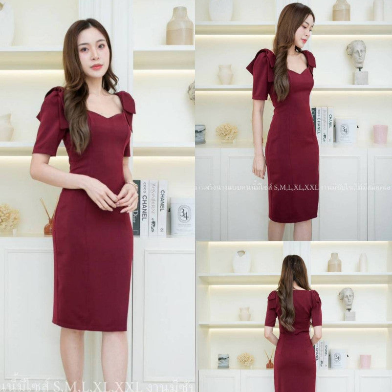 ชุดเดรสออกงาน ชุดราตรี เดรส Dress ชุดออกงาน เดรสสั้นแขนสั้น สีชมพู สีแดง สีฟ้า โบว์ งานแต่งงาน งานกลางวัน งานกลางคืน