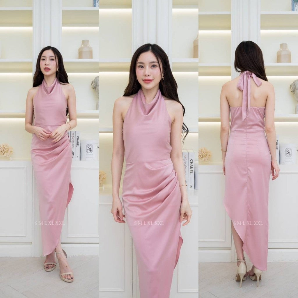 ชุดเดรสออกงาน ชุดราตรี เดรส Dress ชุดออกงาน เดรสยาว ชุดไปงานแต่ง เครปซาติน ผูกคอหลัง งานแต่งงาน Woman Dress Dresses