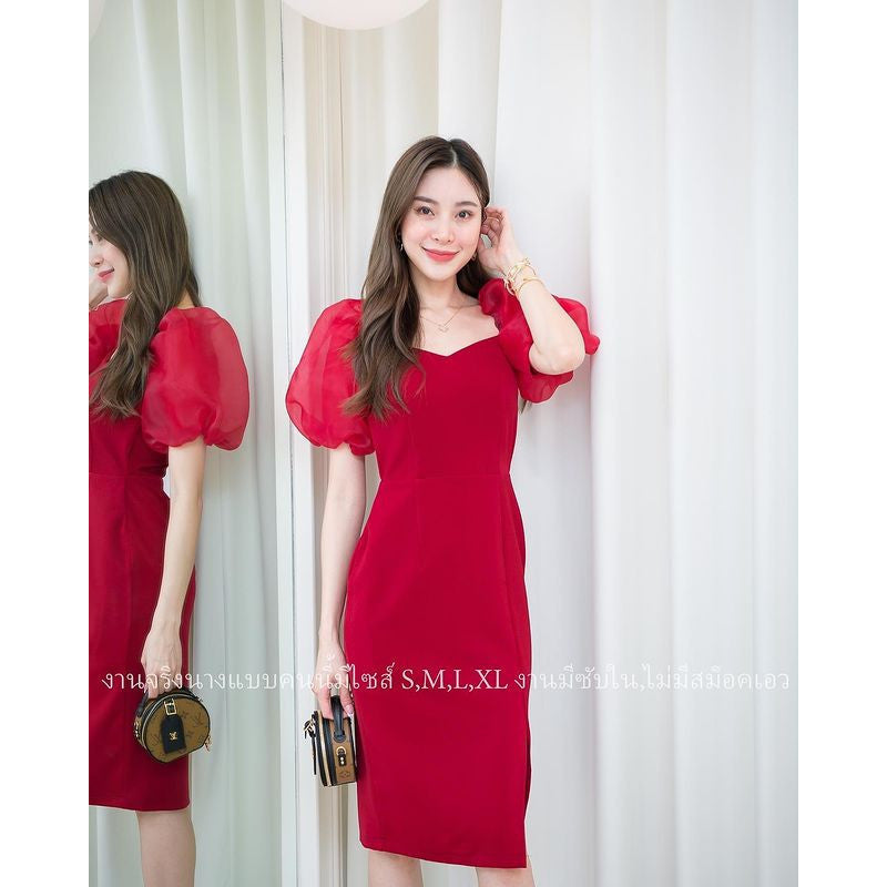 ชุดเดรสออกงาน ชุดราตรี เดรส Dress ผ้าฮานาโกะ เดรสเรียบร้อย แขนพองผ้าออแกนดี้ เดรสออกงาน มีหลายสี ชุดขายดี