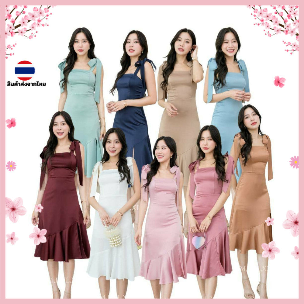 ชุดเดรสออกงาน ชุดราตรี เดรส Dress เดรสสั้น โบว์ไหล่ กระโปรงหางปลา ระบาย ผ้าซาติน งานแต่งงาน ผู้หญิง  ซิปหลัง ซับใน
