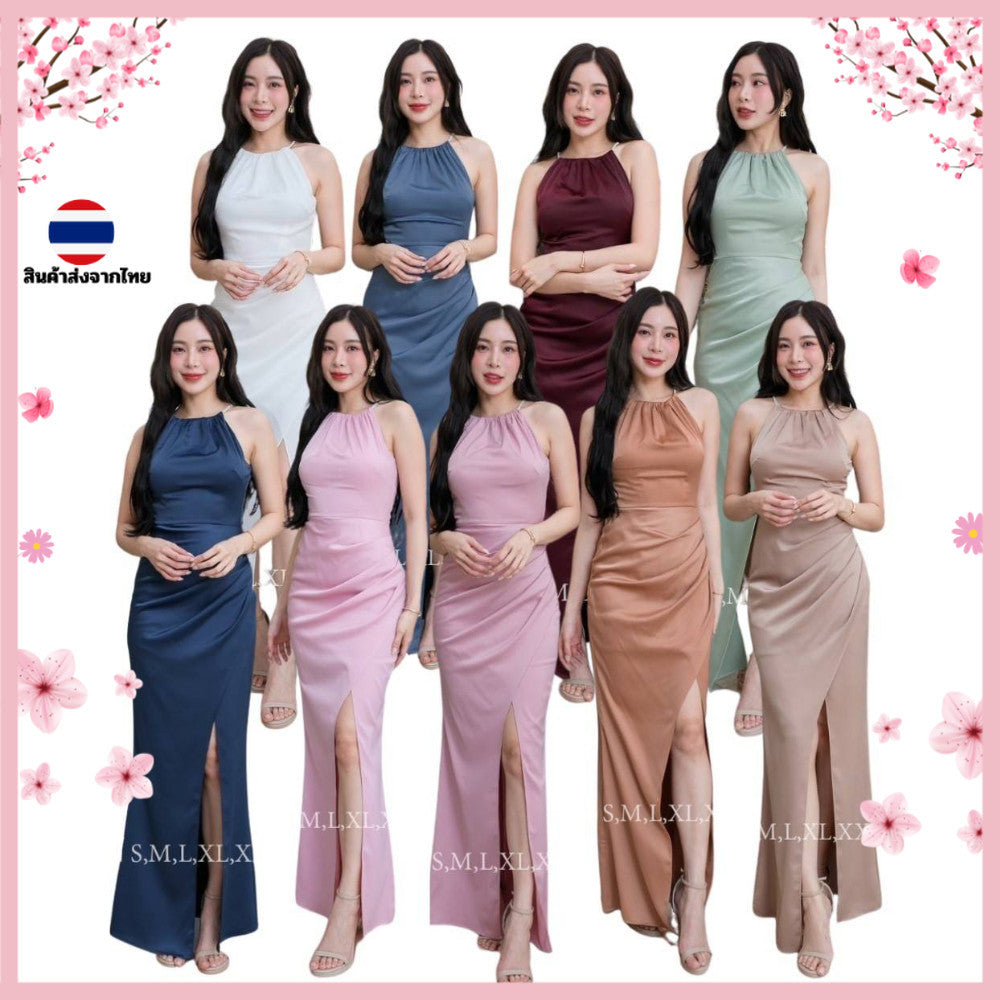 ชุดเดรสออกงาน ชุดราตรี เดรส Dress แต่งสายเพชรรวบคอ ชุดเดรสไปงานแต่ง เดรสสวยๆ เดรสยาว งานแต่งงาน Dress Woman