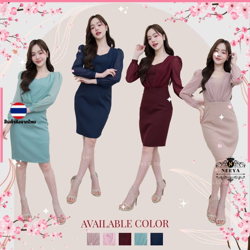 ชุดเดรสออกงาน ชุดราตรี เดรส Dress ชุดราตรี ชุดไปงานแต่ง ผ้ามอสเครป แขนยาวชีฟอง อกชีฟอง งานแต่งงาน Woman Dress Dresses