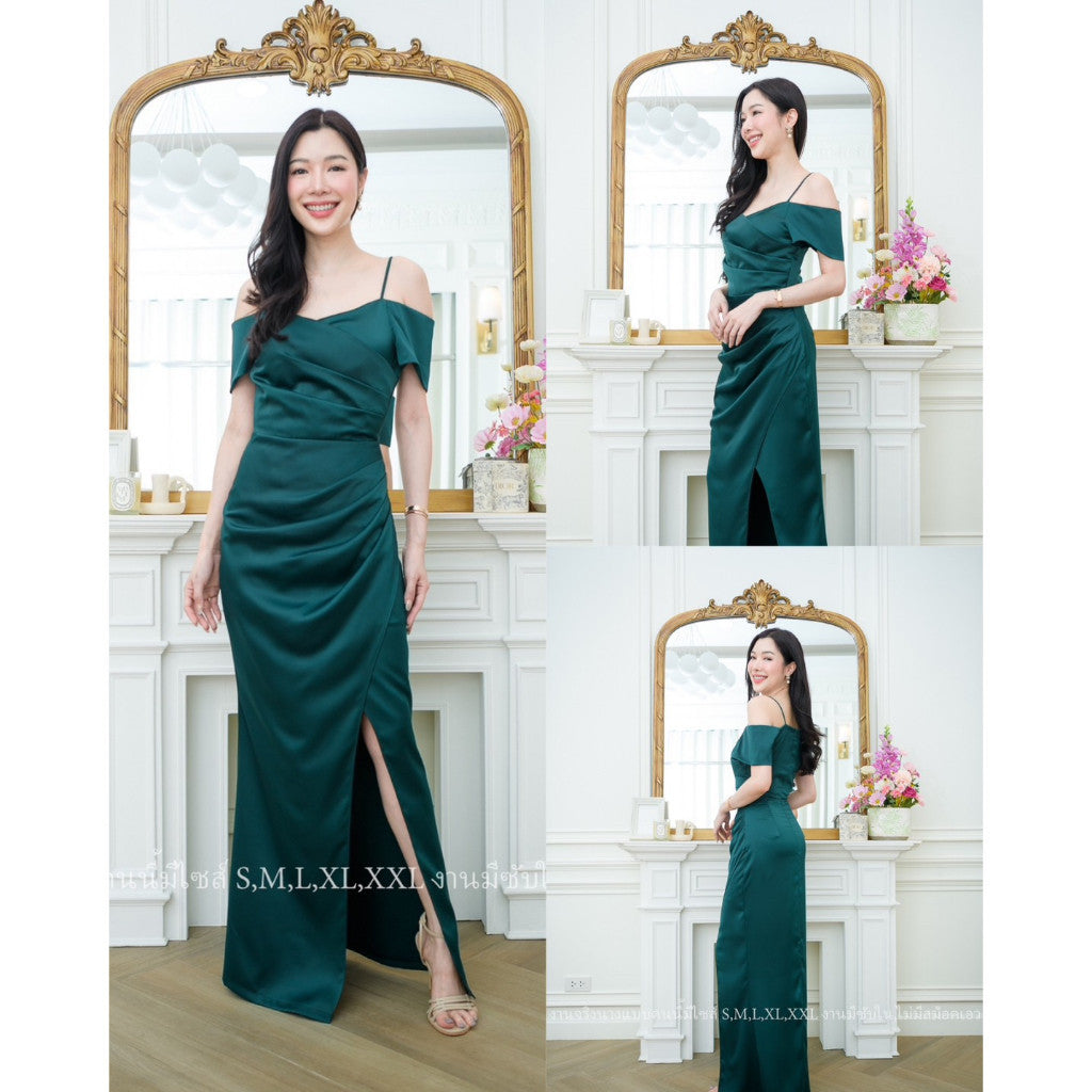ชุดเดรสออกงาน ชุดราตรี เดรส Dress เดรสยาว มีแขน ผ้าเครปซาติน สวยหรู สง่างาม สายเดี่ยว โชว์ไหล่ รุ่นขายดี