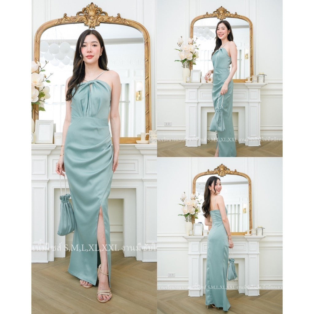 ชุดเดรสออกงาน ชุดราตรี เดรส Dress ชุดเดรสออกงาน ชุดเพื่อนเจ้าสาว เดรสยาว สายเพชร คล้องคอ งานแต่งงาน Dresses Lady