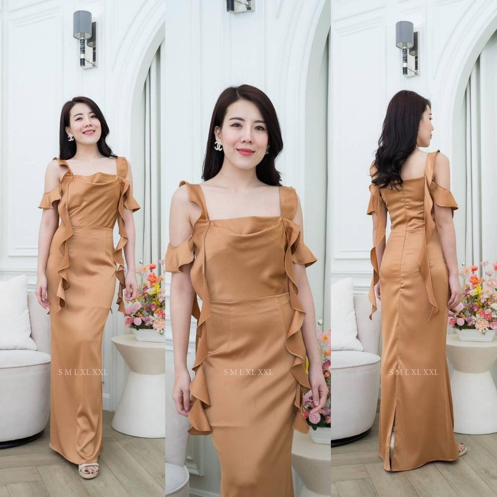 เดรสยาว ชุดเดรส ชุดราตรี NP033 เกรดพรีเมี่ยม แต่งระบาย สายเกลียว 4 เส้น คอถ่วง Woman Dress ผู้หญิง