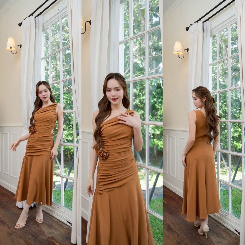 เดรสยาว ชุดออกงาน ชุดตรีม ธีมน้ำตาล ชุดราตรีสีน้ำตาล ชุดไปงาน เดรสงานแต่ง พร้อมส่ง Dress Woman