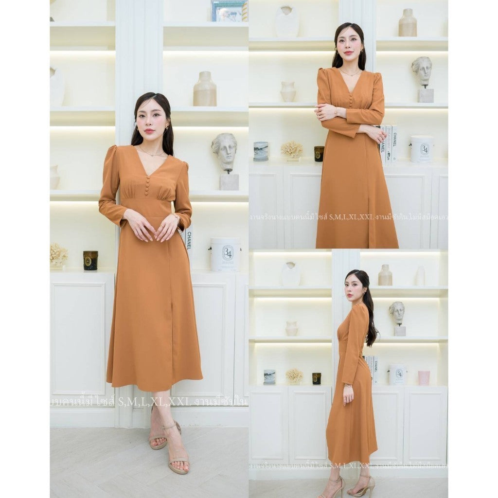 ชุดเดรสออกงาน ชุดราตรี เดรส Dress ชุดเดรสแขนยาว ผ้าทวิลคอวี ไซส์ S-2XL ชุดเดรสไปงานแต่ง เดรสยาว งานแต่งงาน Dresses Woman