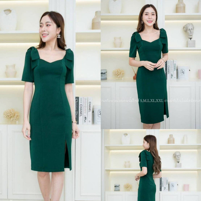 ชุดเดรสออกงาน ชุดราตรี เดรส Dress ชุดออกงาน เดรสสั้นแขนสั้น สีชมพู สีแดง สีฟ้า โบว์ งานแต่งงาน งานกลางวัน งานกลางคืน