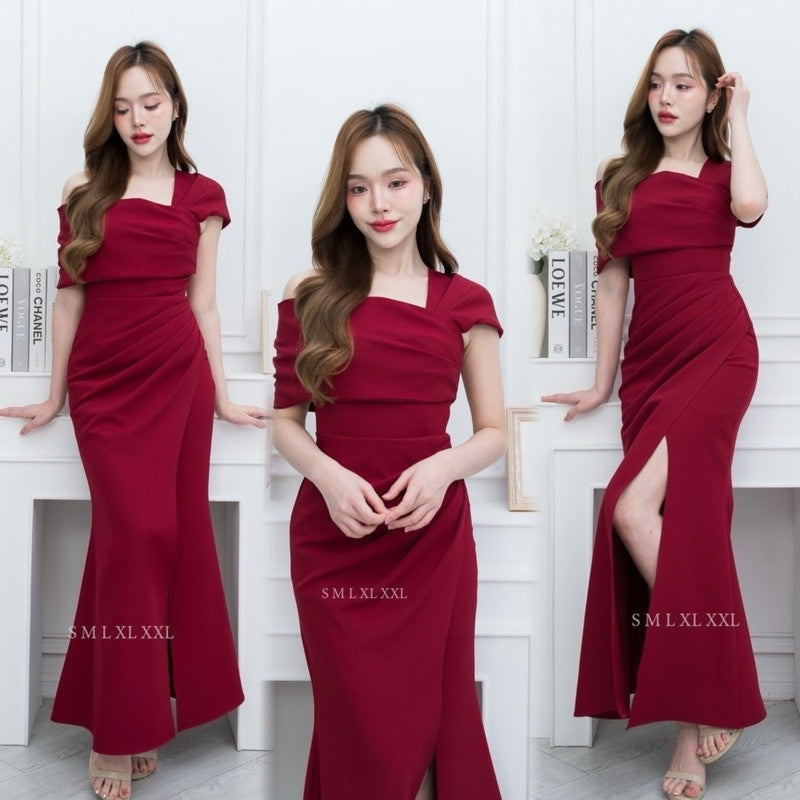 ชุดเดรสออกงาน ชุดราตรี เดรส Dress Daisy ชุดออกงาน เดรสยาว เกาะอกระบาย ปาดไหล่2ข้าง ชุดราตรี Woman