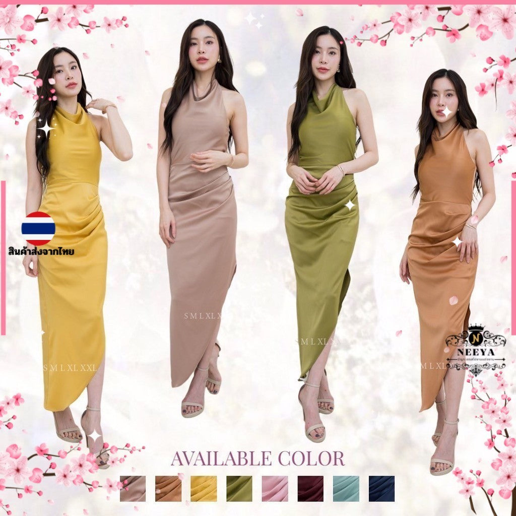 ชุดเดรสออกงาน ชุดราตรี เดรส Dress ชุดออกงาน เดรสยาว ชุดไปงานแต่ง เครปซาติน ผูกคอหลัง งานแต่งงาน Woman Dress Dresses