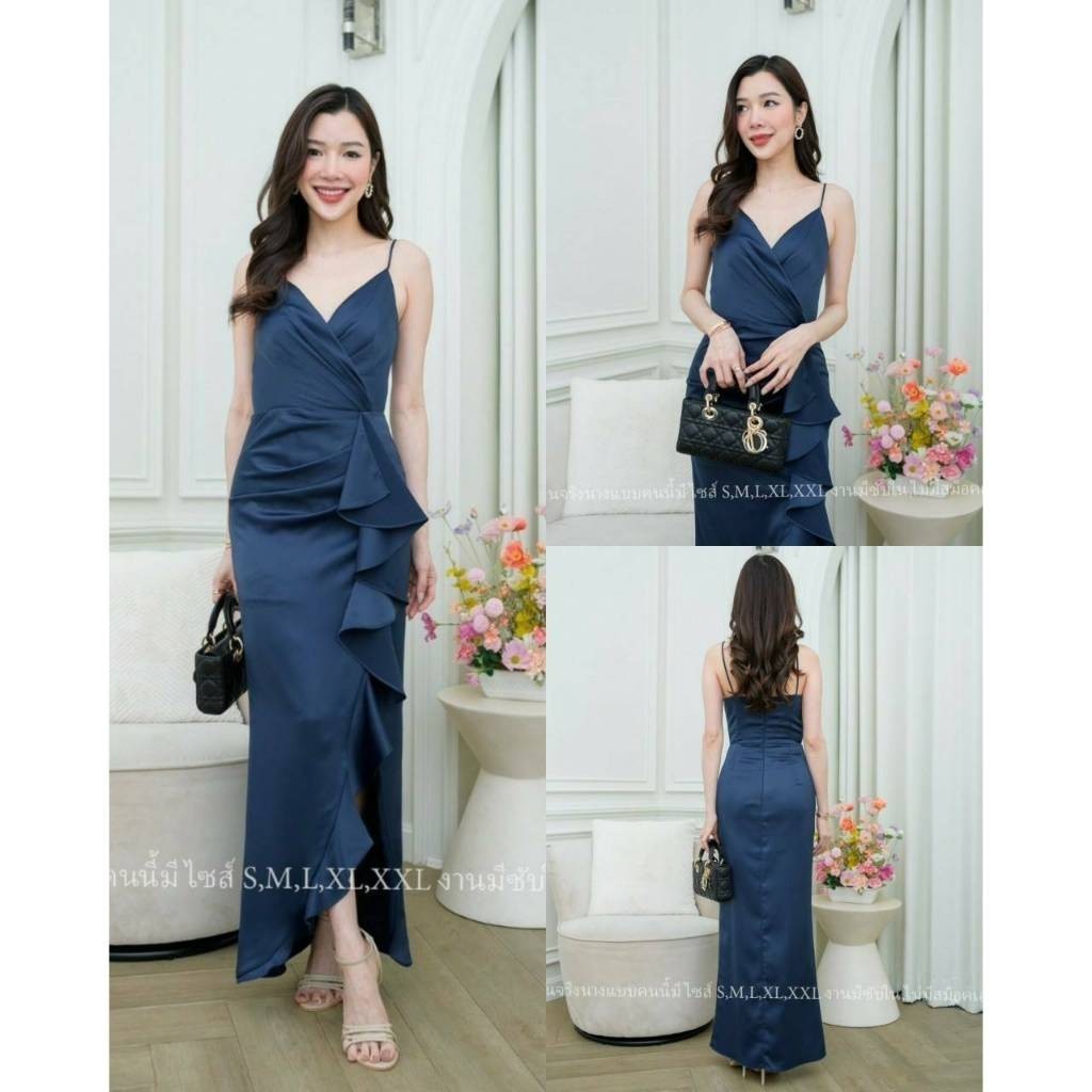 ชุดเดรสออกงาน ชุดราตรี เดรส Dress พรีเมี่ยม Premium เดรสยาว สายเดี่ยว แต่งจีบระบาย งานแต่งงาน Dress Woman