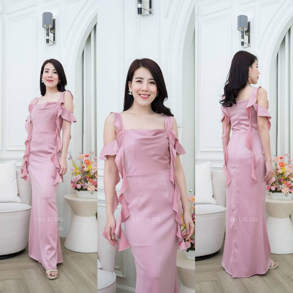 เดรสยาว ชุดเดรส ชุดราตรี NP033 เกรดพรีเมี่ยม แต่งระบาย สายเกลียว 4 เส้น คอถ่วง Woman Dress ผู้หญิง