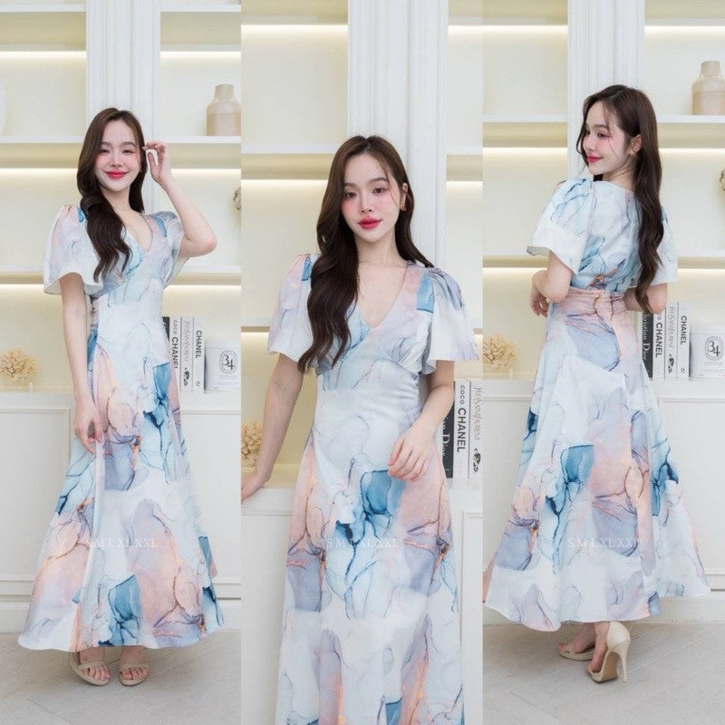 ชุดเดรสออกงาน ชุดราตรี เดรส Dress ชุดเดรส ชุดออกงาน ชุดราตรี คอวี กระโปรงบาน ผ้าพิมพ์ลาย ผู้หญิง Dress Dresses