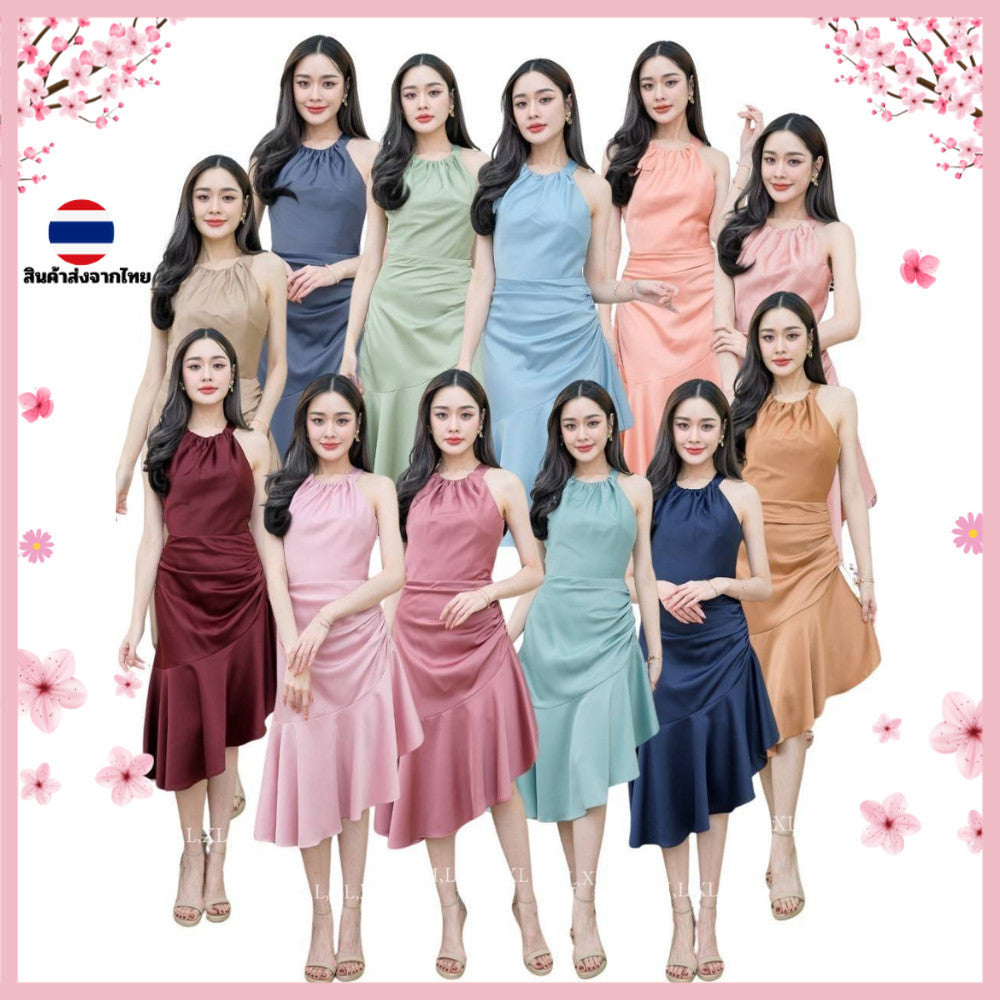 ชุดเดรสออกงาน ชุดราตรี เดรส Dress เดรสออกงาน เดรสยาว คอเต่า กระโปรงระบายเฉียง ชุดเดรส งานแต่งงาน Dresses Woman