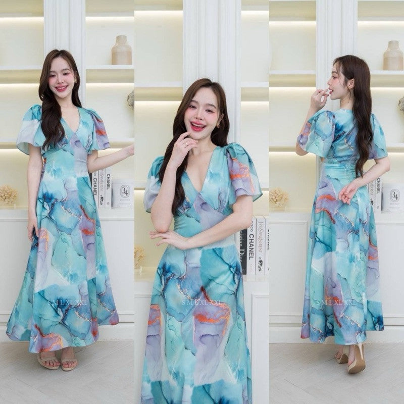 เดรสยาว ชุดเดรส ชุดออกงาน ชุดราตรี NX276 คอวี พิมพ์ลาย กระโปรงบาน ผ้าพิมพ์ลาย ผู้หญิง Dress Dresses