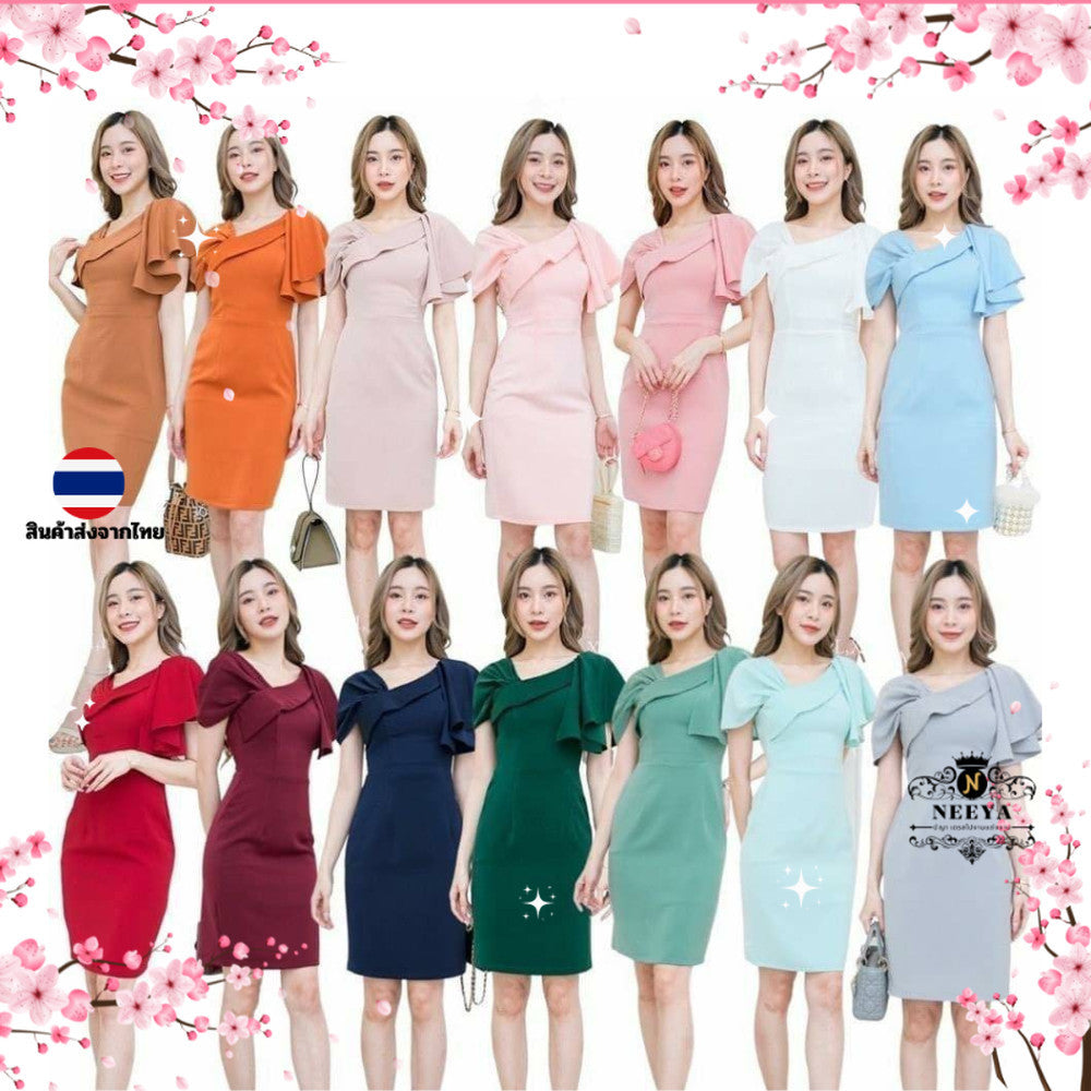ชุดเดรสออกงาน ชุดราตรี เดรส Dress ผ้าฮานาโกะ ดีไซน์ใหม่ น่ารัก เก๋ตรงอกและไหล่ ชุดออกงาน มีหลายสี ซับใน ซิปหลัง