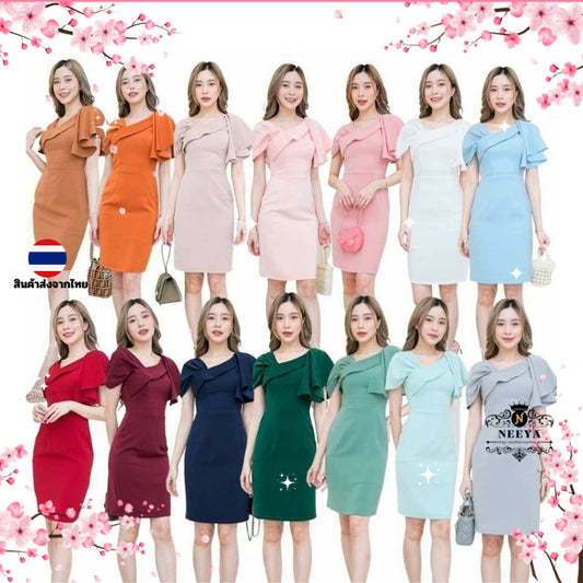 ชุดเดรสออกงาน ชุดราตรี เดรส Dress ผ้าฮานาโกะ ดีไซน์ใหม่ น่ารัก เก๋ตรงอกและไหล่ ชุดออกงาน มีหลายสี ซับใน ซิปหลัง