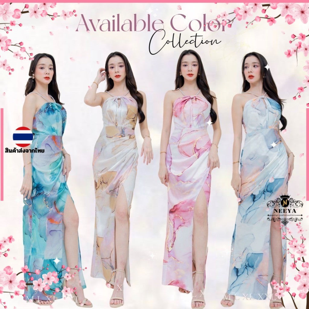 ชุดเดรสออกงาน ชุดราตรี เดรส Dress เดรสยาว ชุดไปงานแต่ง ผ้าเครปซาติน พิมพ์ลาย สายเพชร รวบกลางคอ Woman Dress Dresses