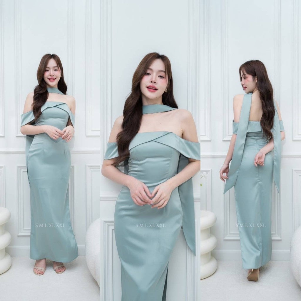 ชุดเดรสออกงาน ชุดราตรี เดรส Dress Gleam ผ้าเครป ซาติน ชุดไปงานแต่ง เปิดไหล่ สายอ้อมแขน แถมสาย Woman