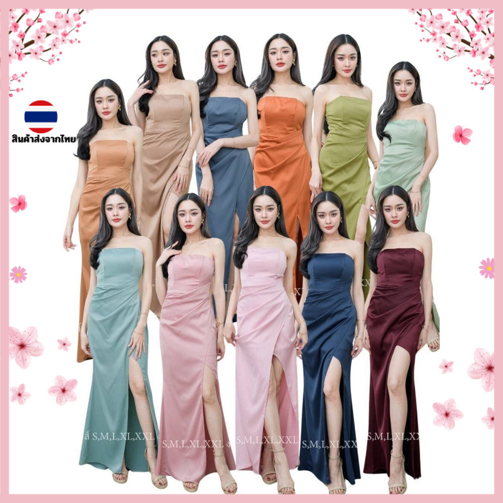 ชุดเดรสออกงาน ชุดราตรี เดรส Dress เปิดไหล่ ผ้าเครปซาติน ขายดี ไซส์ S-2XL ชุดเดรสออกงาน ชุดเดรส งานแต่งงาน Dresses Woman